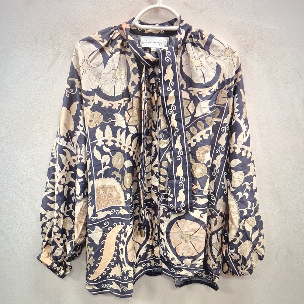 One Hundred Stars Tie-Neck Printed Blouse in Navy and Cream